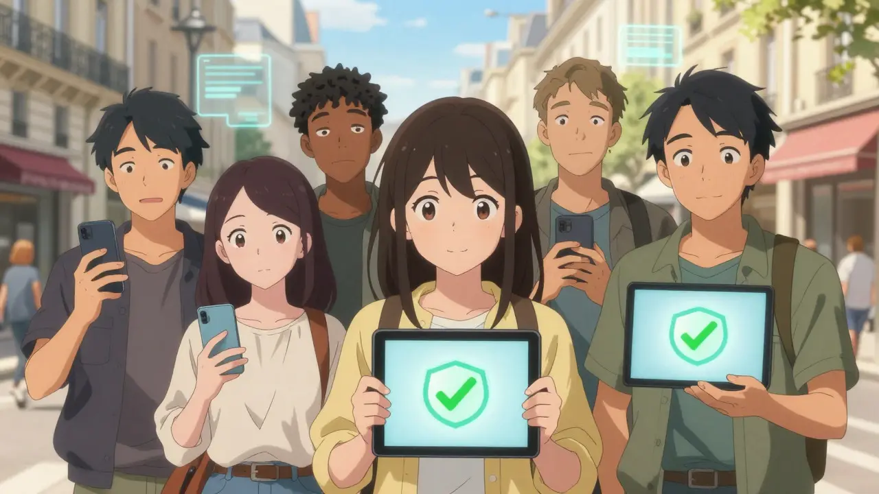 Happy users holding phones with compliant stablecoin icons