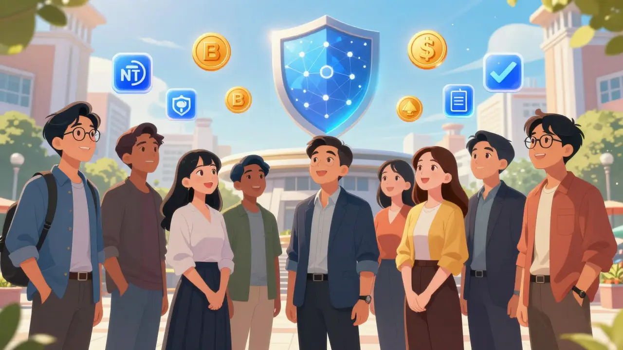 Hopeful anime group shot of diverse Vietnamese citizens standing before a blockchain shield monument labeled 'Digital Technology Industry Law 2026', with floating asset icons, representing a unified and progressive future.