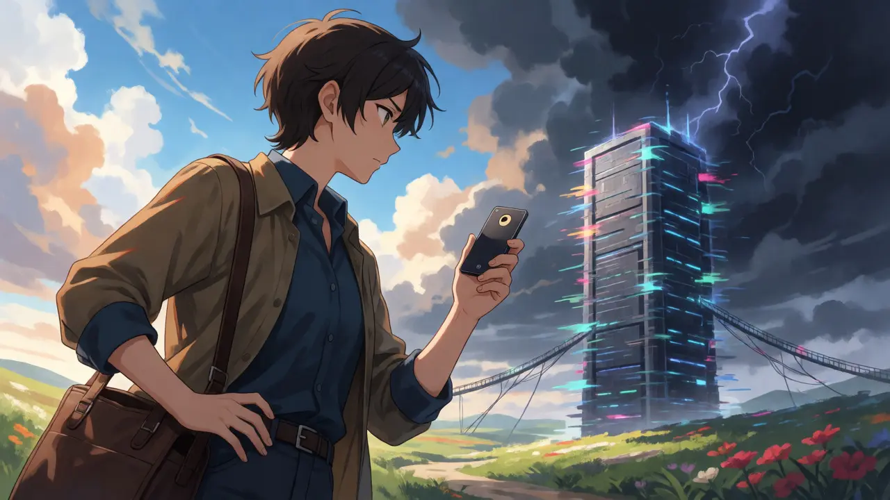 Investor cautiously viewing a glitching server tower under a split sky