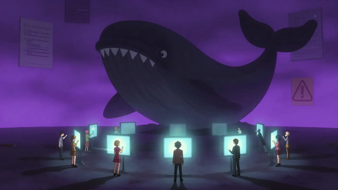Large shadowy crypto whale looming over small voters in anime style