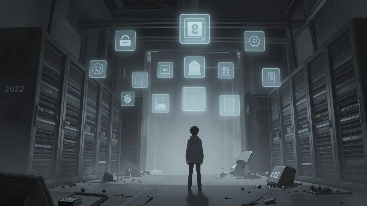 Lone figure standing before a dormant, dusty digital portal.