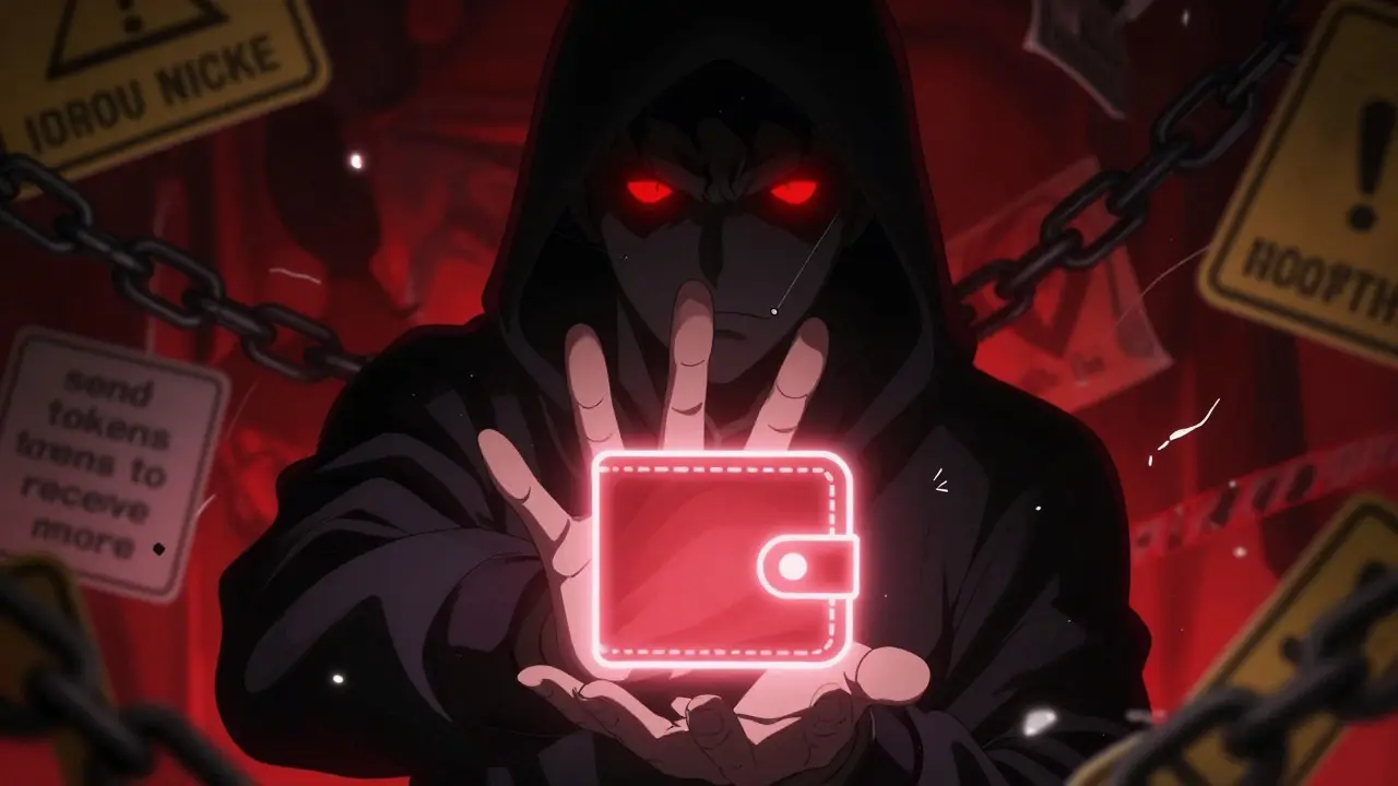 Shadowy anime scammer reaching for a crypto wallet in dark light