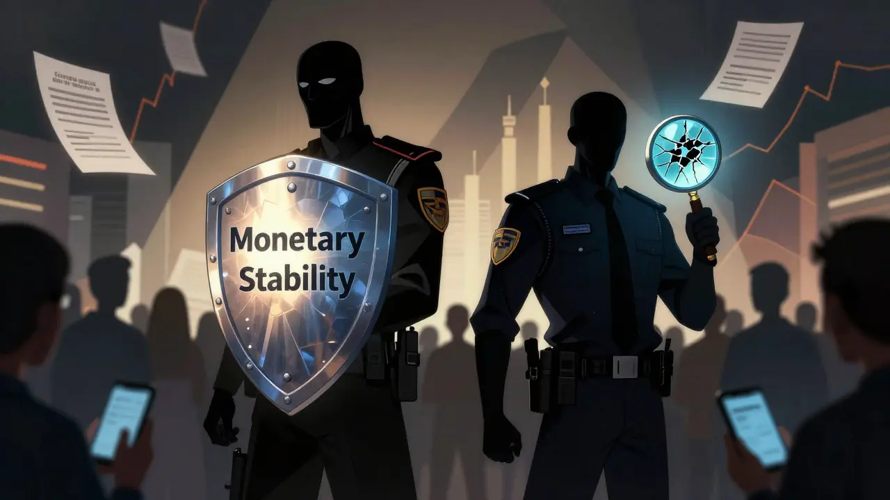 Shadowy regulator figures with shields and magnifying glasses oversee anonymous crypto users