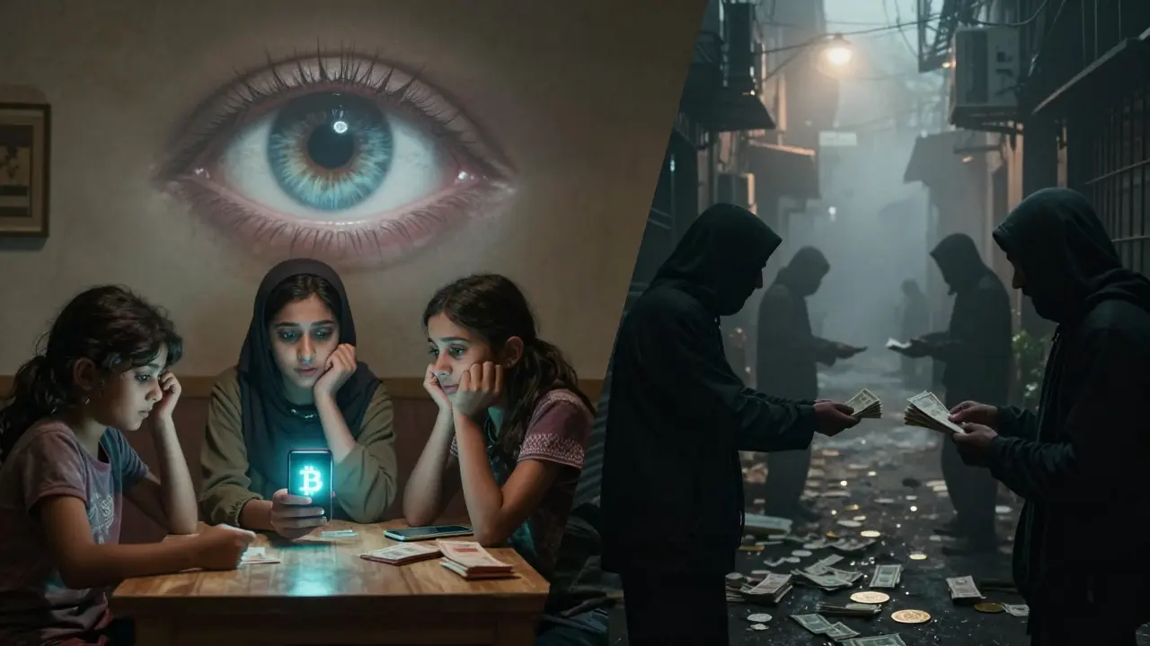 Split scene of Iranian family using Bitcoin and Myanmar money laundering.