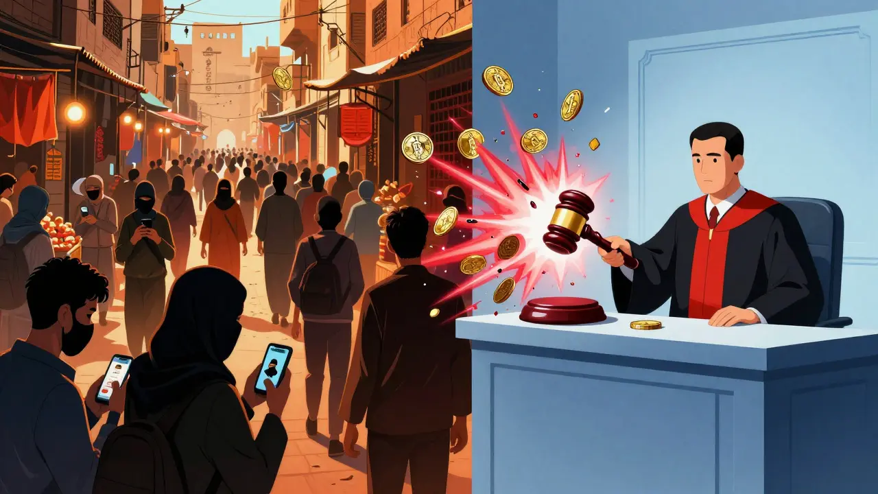 Split view of secret street crypto trading versus a judge slamming a gavel on digital coins
