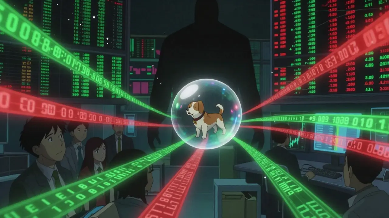 Tiny dog bubble floating amidst chaotic red and green data streams in anime style
