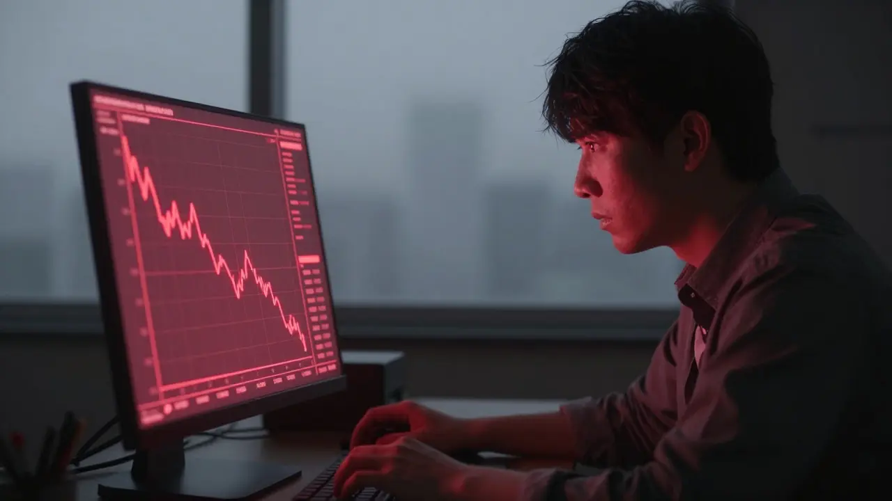 Trader analyzing a declining trend on a holographic screen in an anime setting