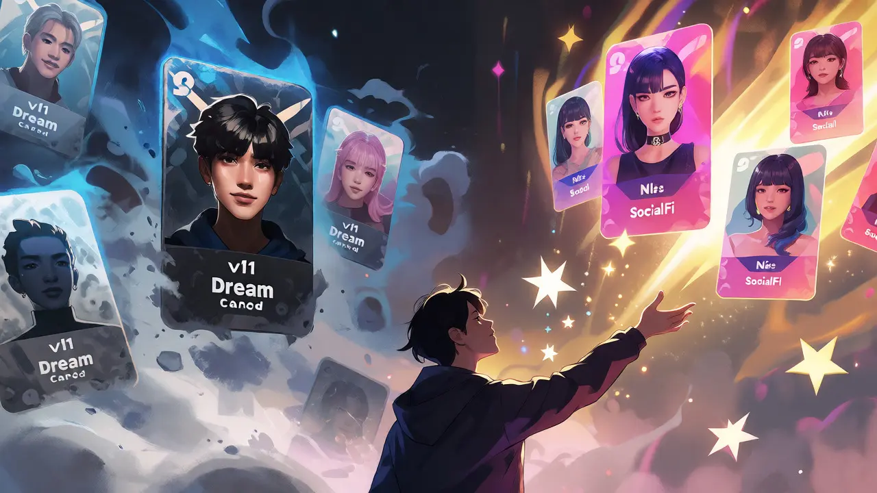 Anime art showing old Dream Cards transforming into new Dream Idols avatars amidst falling reward particles.