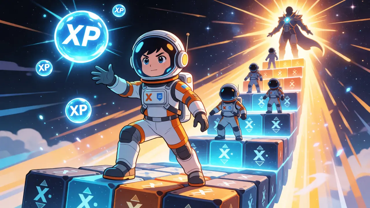 Anime astronaut collecting XP orbs climbing a rank ladder towards Galactic Overlord