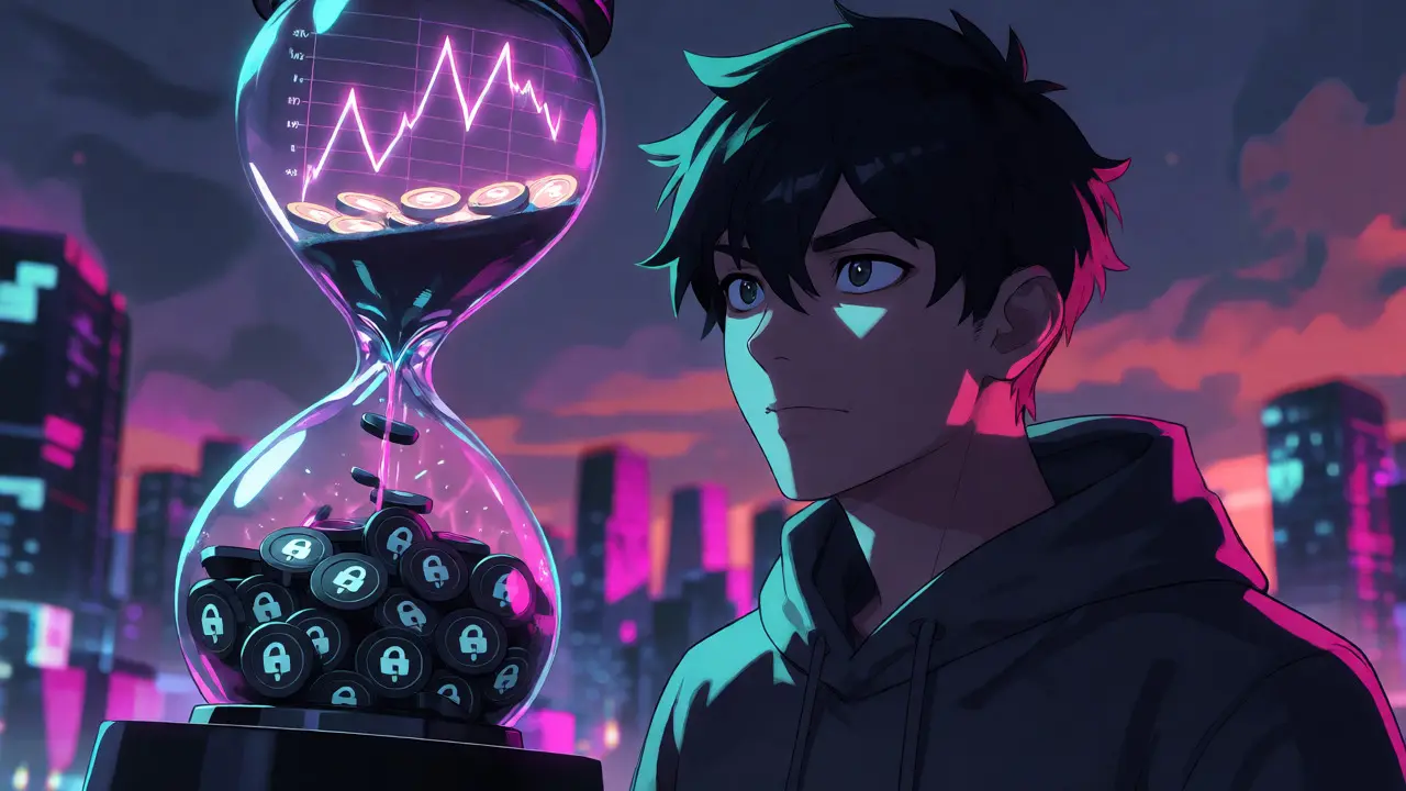 Anime character analyzing Fully Diluted Valuation with an hourglass of tokens