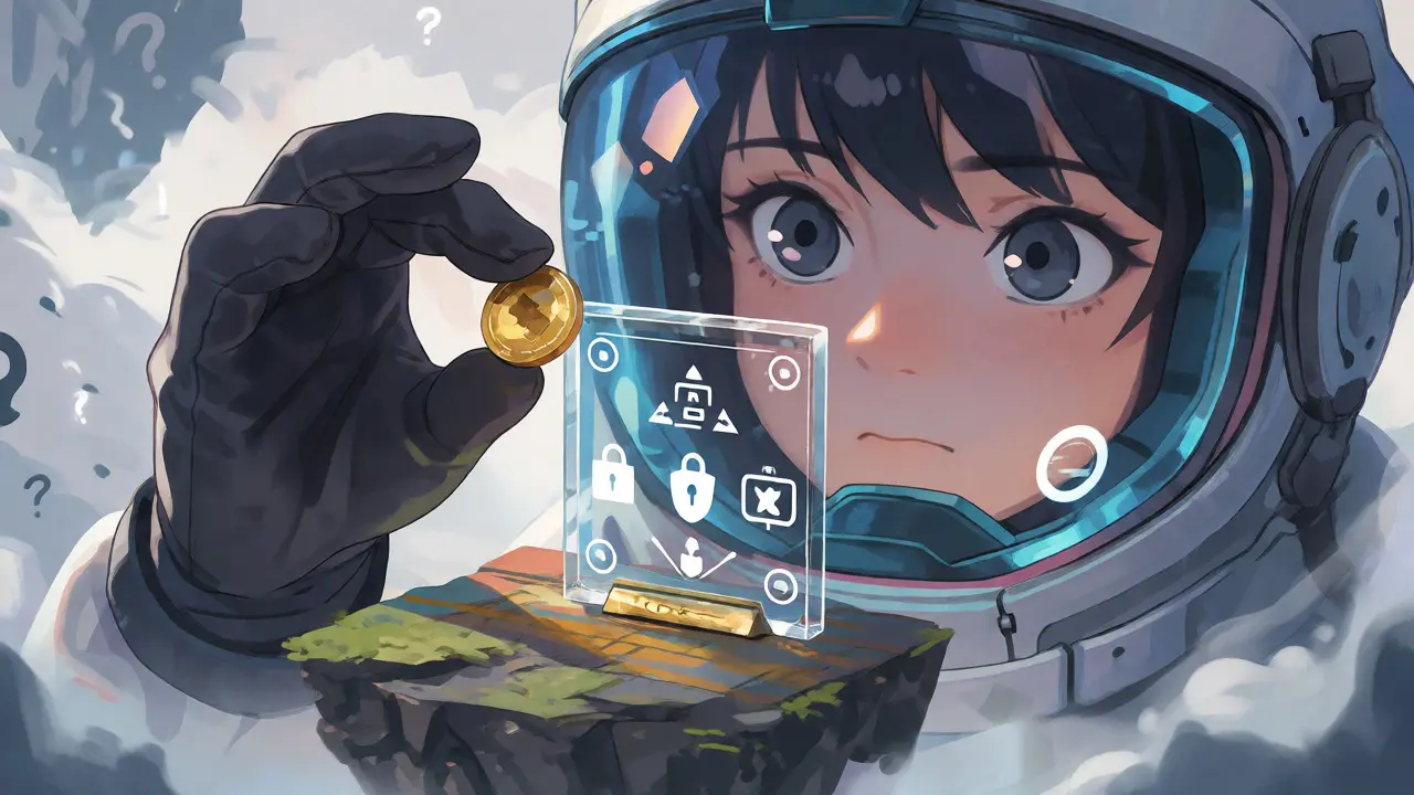 Anime character cautiously depositing coins into a fragile digital vault in a void.