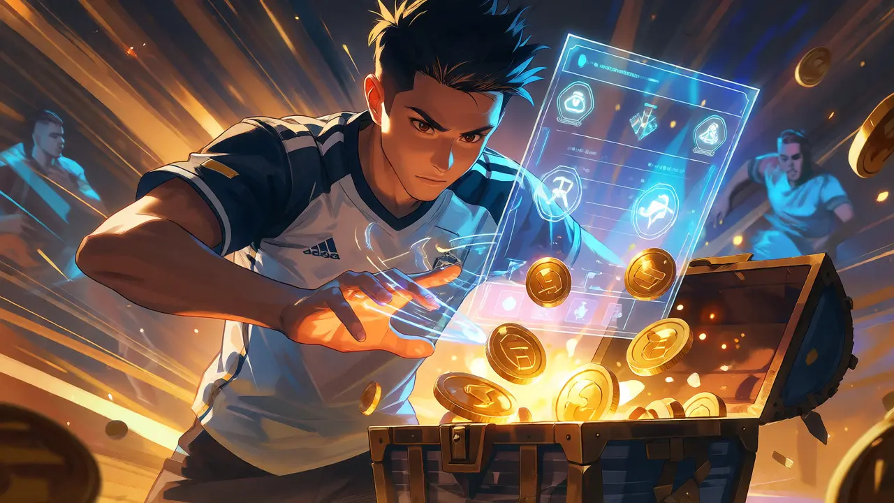 Anime character earning golden crypto tokens through tactical soccer gameplay actions.