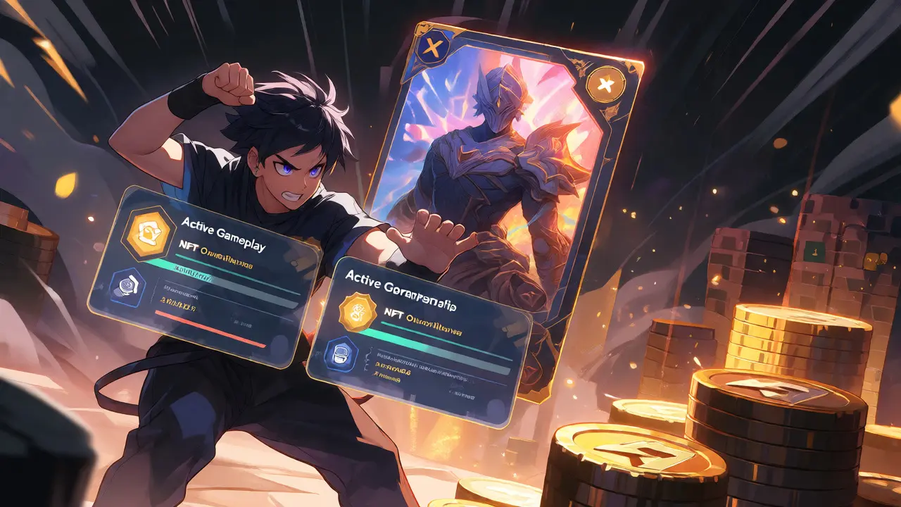 Anime character in battle stance surrounded by holographic gameplay stats and a glowing Dream Card NFT.