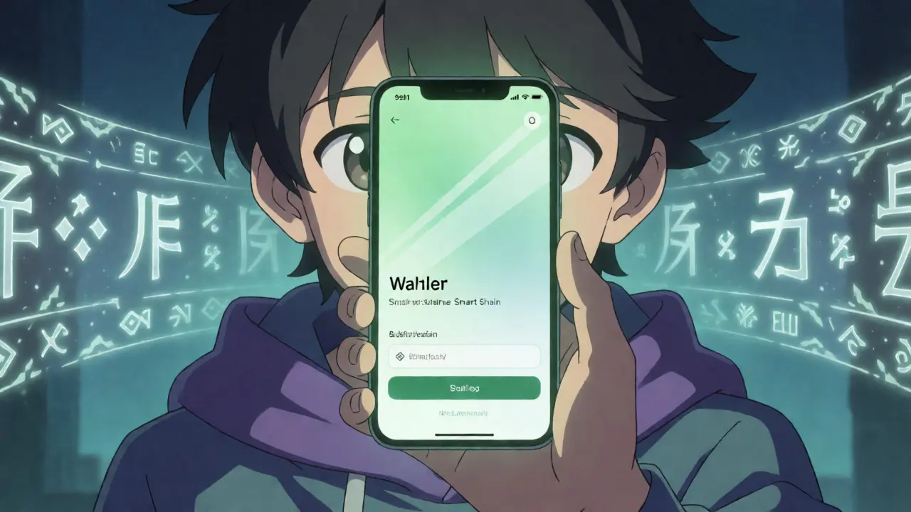 Anime character using a smartphone for blockchain wallet verification