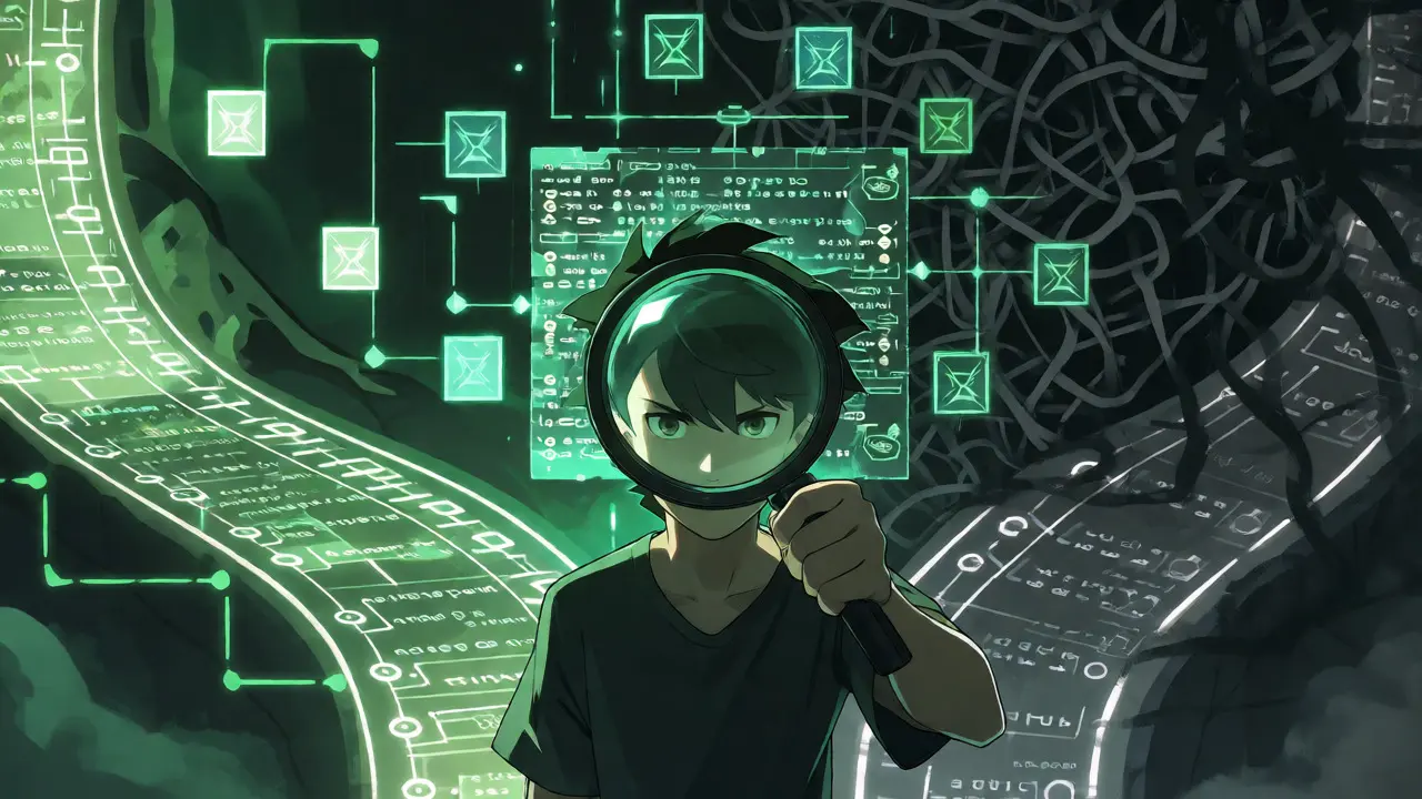 Anime character verifying blockchain contracts amidst contrasting legitimate and scam pathways