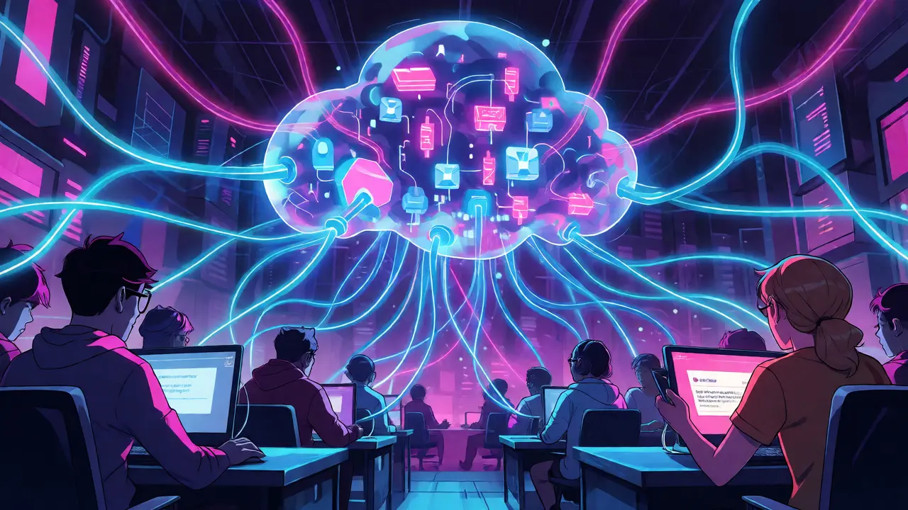 Anime characters connected by neon lines to a central digital network cloud