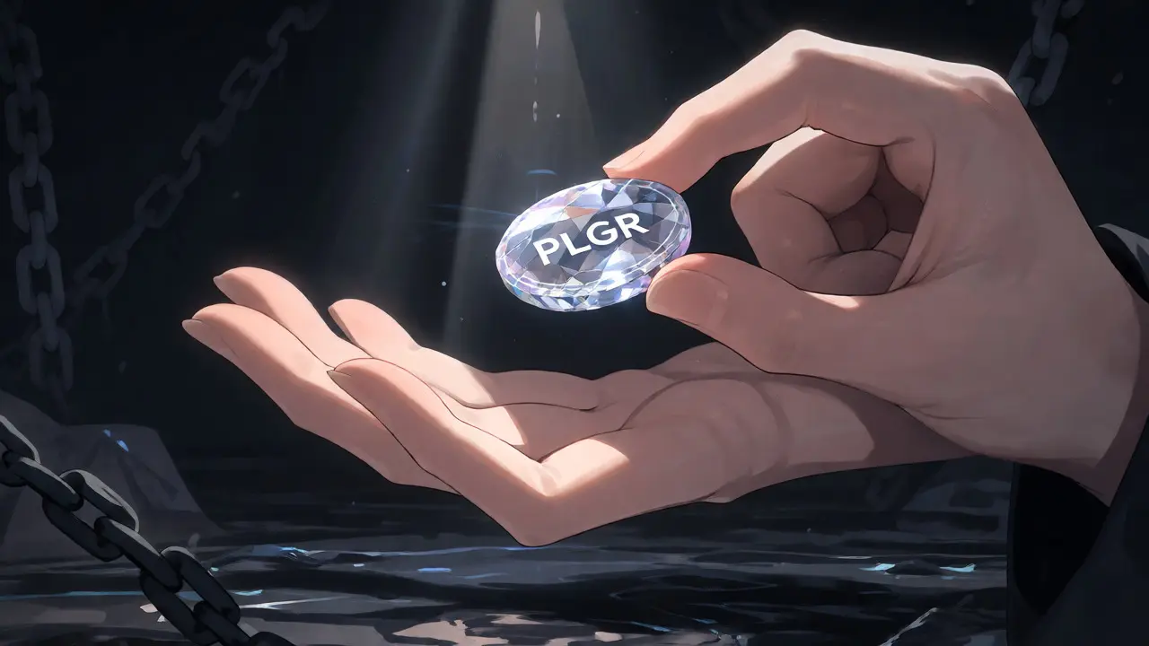 Anime close-up of cracked PLGR token in dark void