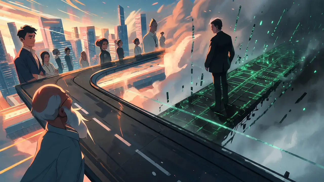 Anime crossroads scene with a secure path leading to a bright city and a risky foggy bridge.