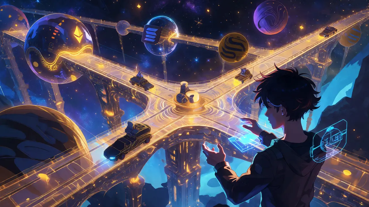 Anime depiction of Wormhole cross-chain bridges connecting blockchain planets