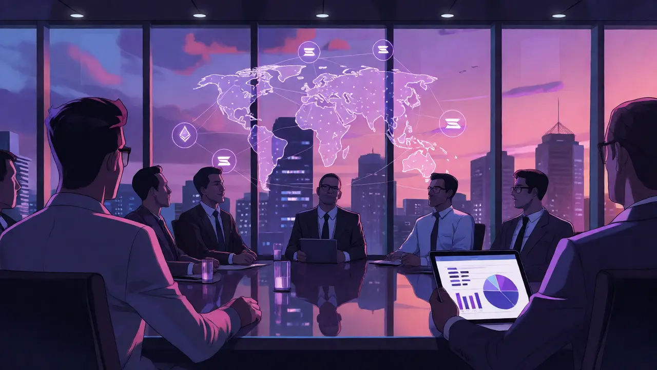 Anime executives reviewing diversified crypto portfolios in a boardroom.