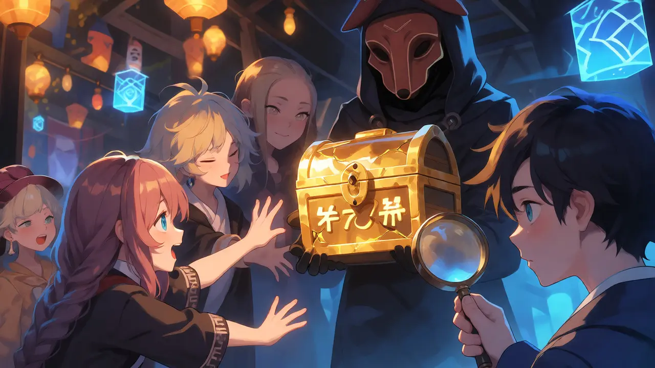 Anime figures reaching for a shiny chest held by a masked trickster in shadows