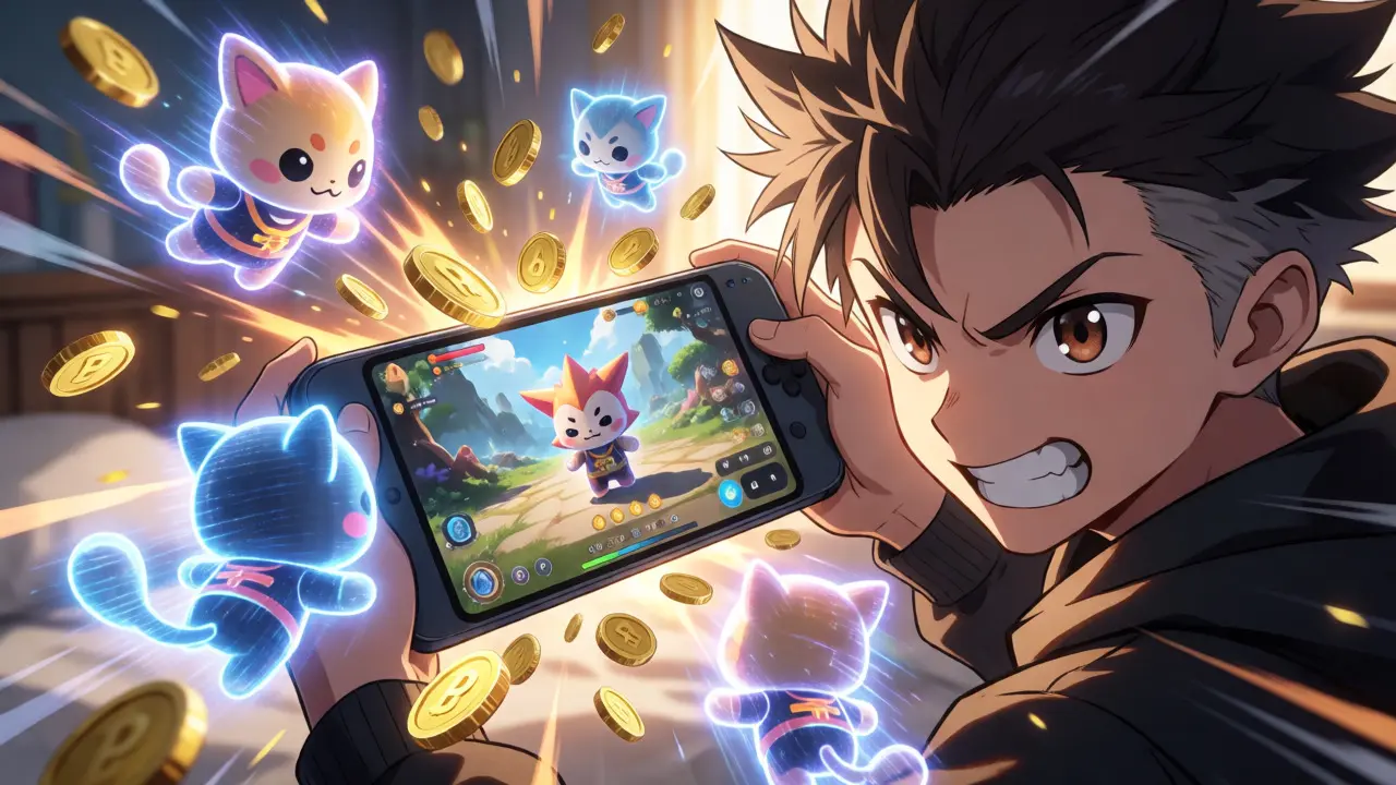 Anime gamer earning POP tokens via NFT characters in play-to-earn game