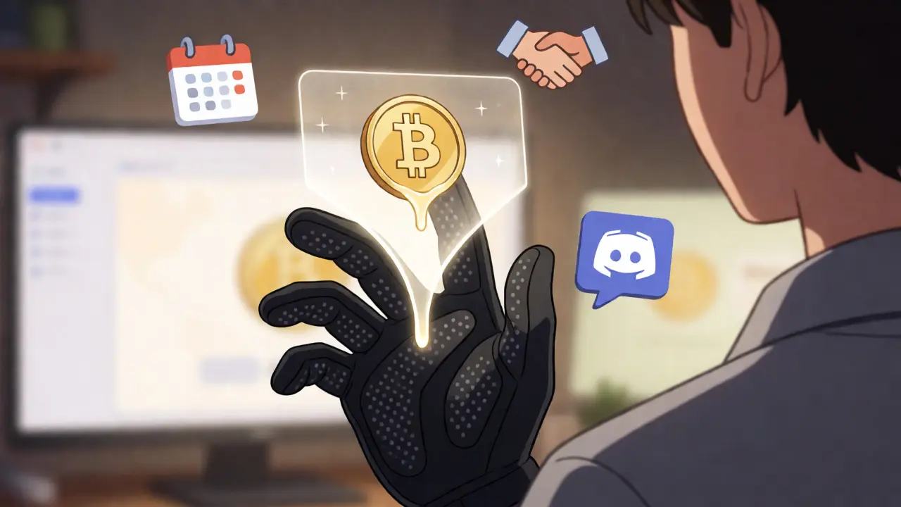 Anime hand touching holographic TBTC token surrounded by mission icons