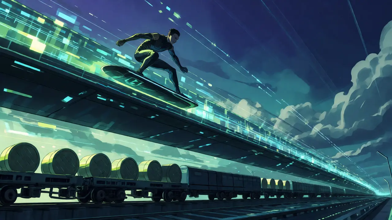 Anime hero speeding on a Layer 2 express lane above a congested main chain