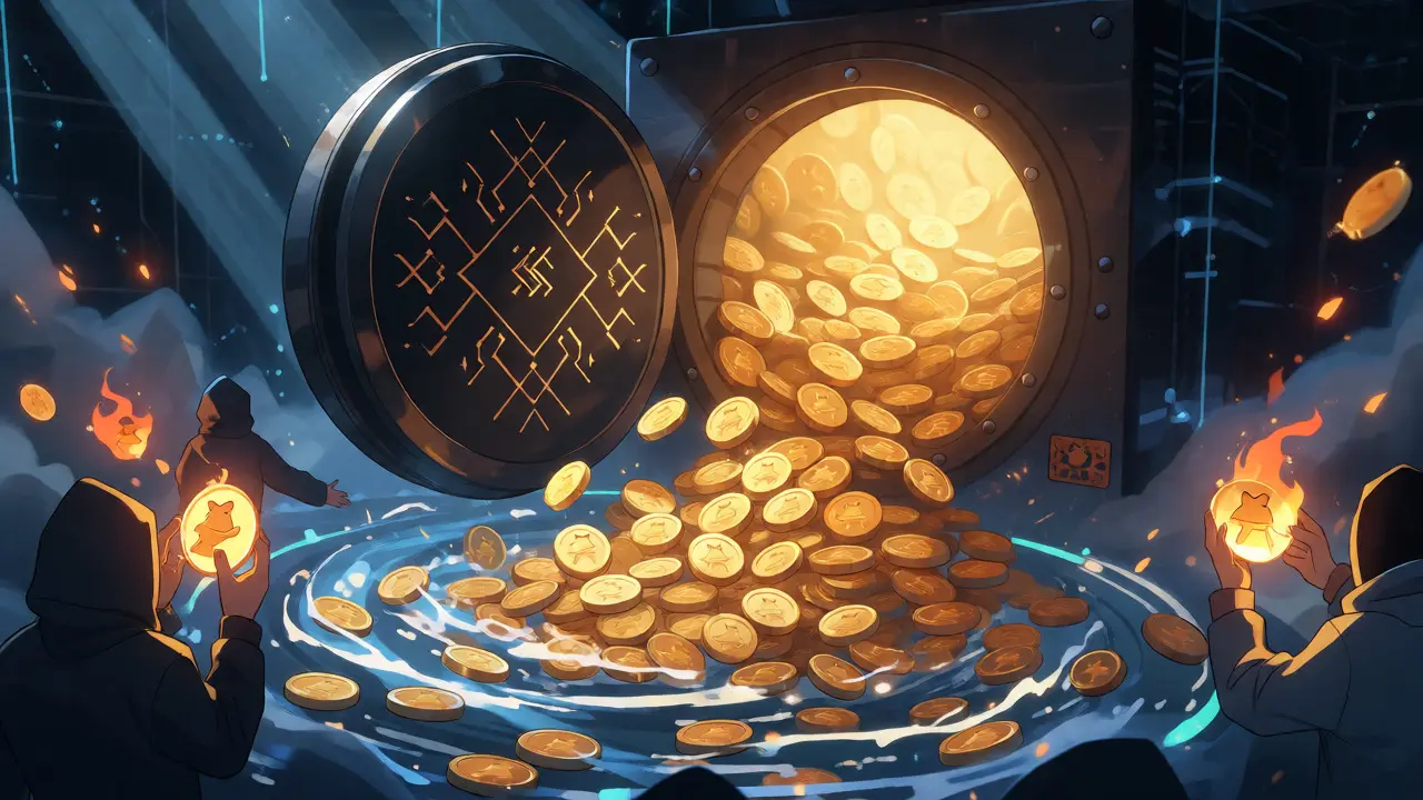 Anime illustration of anonymous developers burning tokens in a fair launch event.