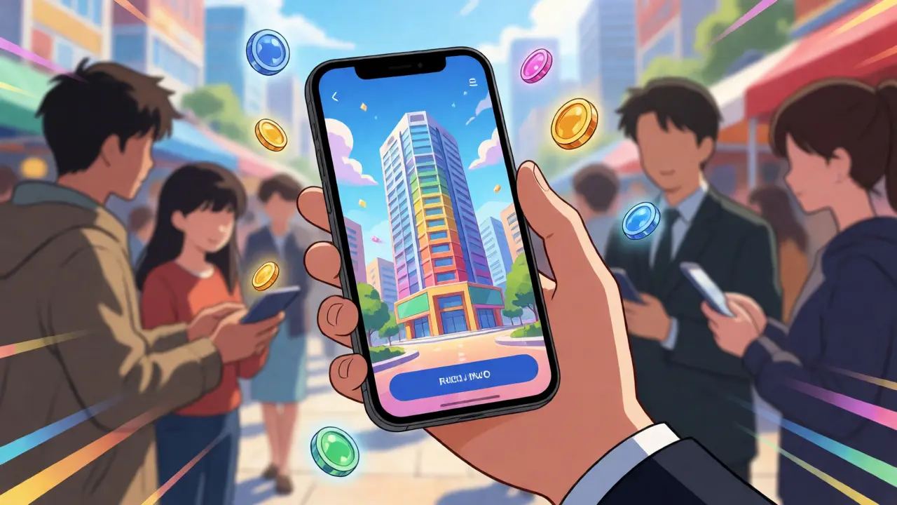 Anime investor holding phone showing tokenized property shares in a busy market