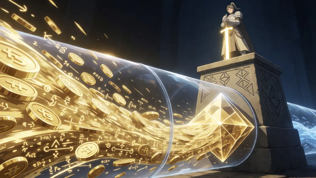 Anime knight guarding condensed data block from chaotic computation river