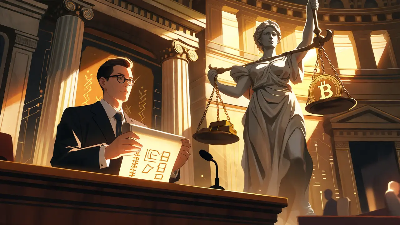 Anime legislator balancing justice scales with Bitcoin and gold.