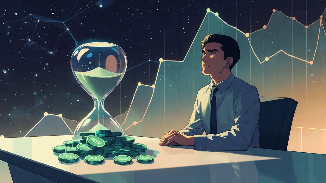 Anime manager watching an hourglass fill with stable tokens against a digital backdrop.
