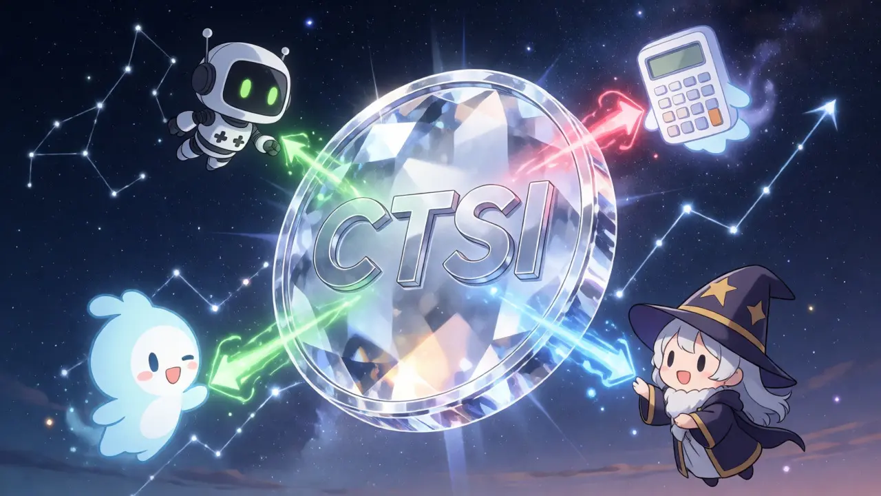 Anime mascots powering a glowing CTSI crystal coin under starry sky