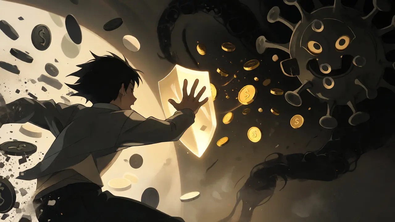 Anime protagonist revoking wallet permissions to stop a predatory crypto airdrop scam
