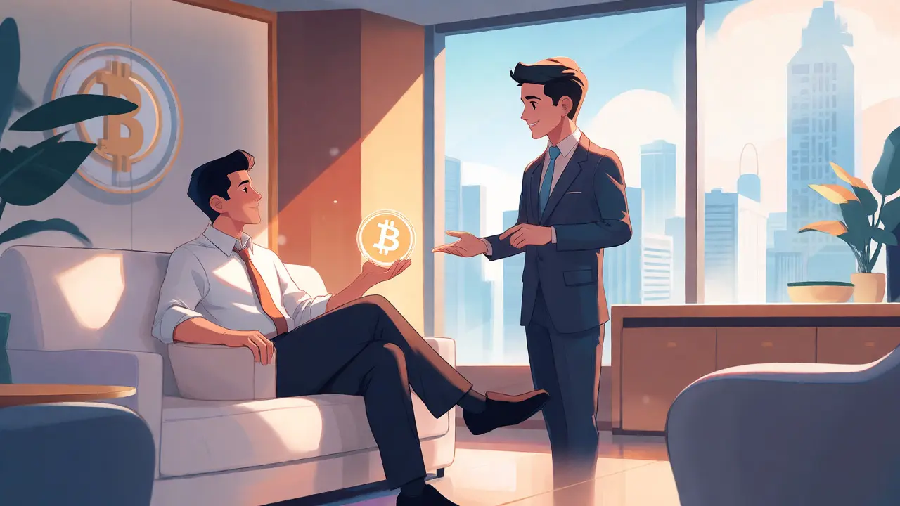 Anime scene of a calm investor in a secure, minimalist banking lounge.