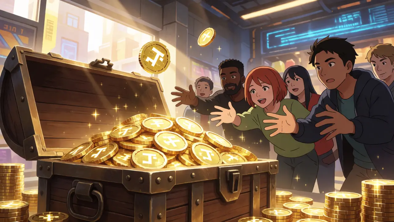 Anime scene of characters reaching for a glowing treasure chest of tokens