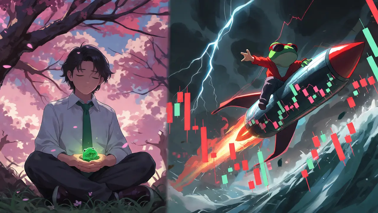 Anime split-scene showing calm holding versus volatile trading of PEPE coin.