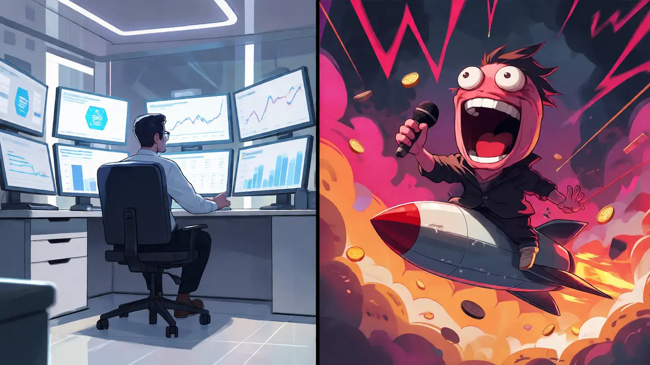 Anime split-screen comparing stable Wormhole trading vs volatile meme coin chaos