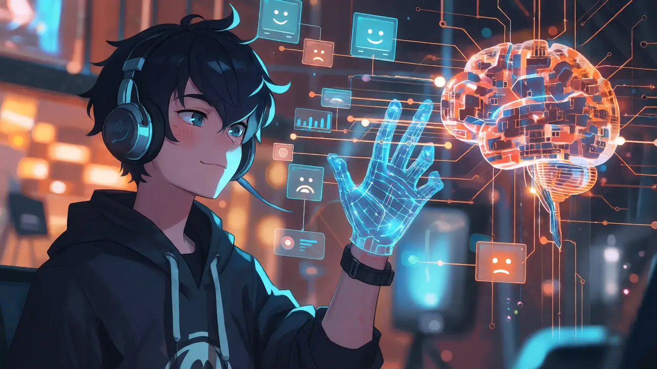 Anime style AI analyzing viewer sentiment with floating data streams and glowing core