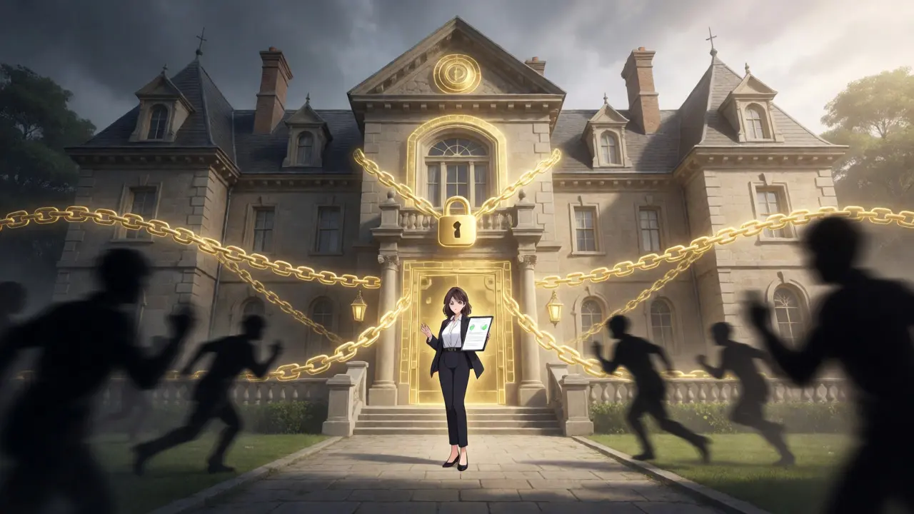 Anime style secure digital vault protecting a mansion from fraud shadows
