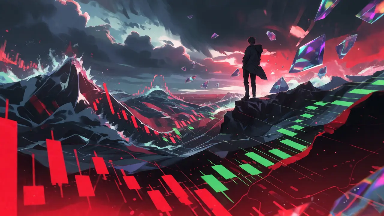 Anime style trader overlooking volatile crypto chart seas with fragmented data shards