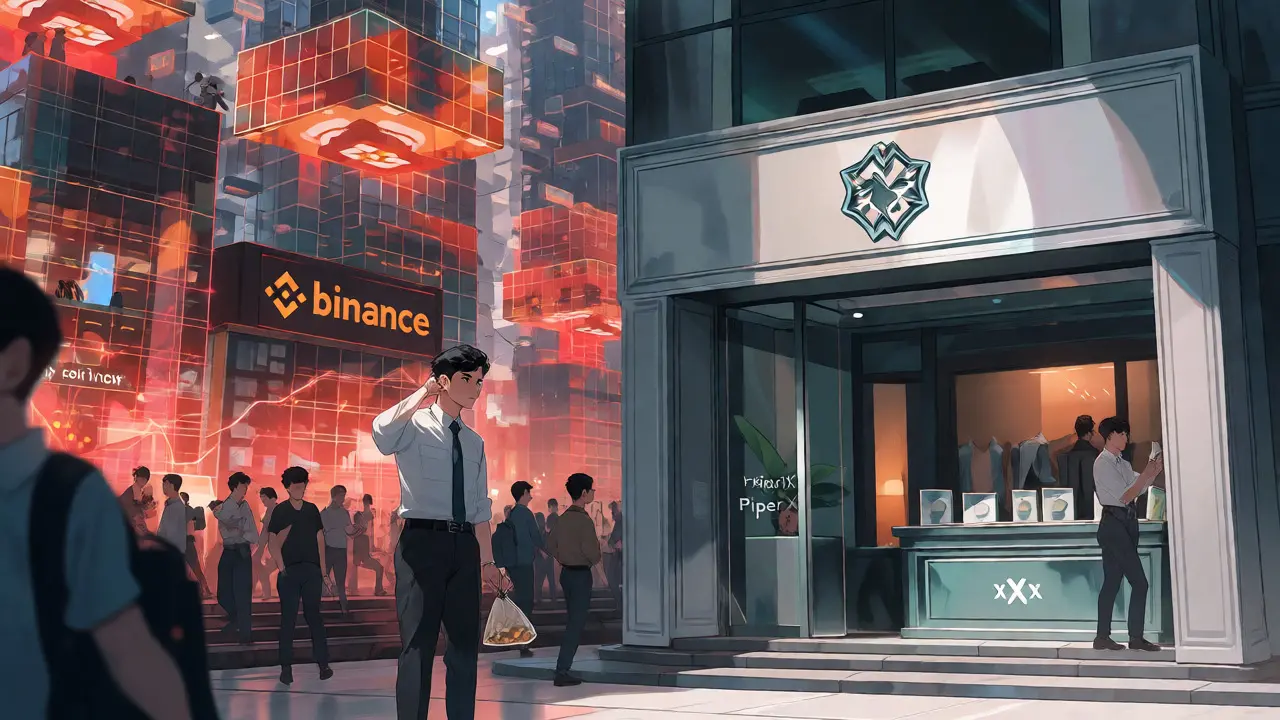 Anime trader comparing a massive crypto hub with a quiet niche exchange boutique.