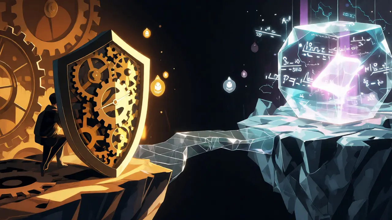 Anime visualization comparing slow optimistic rollup shields with fast zk-rollup crystals.