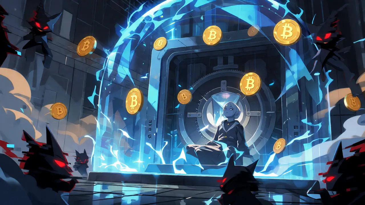Anime visualization of ForceField security protecting Bitcoin from hackers.