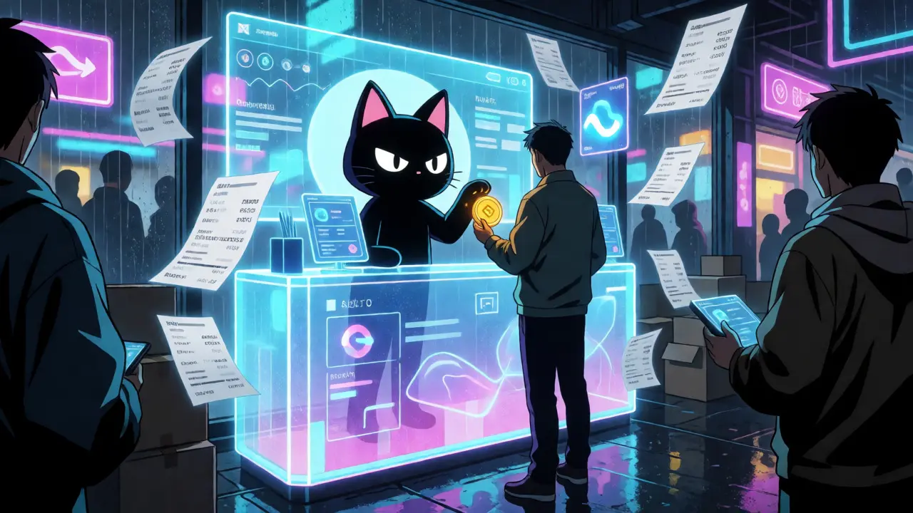 Cyberpunk anime marketplace with a cat trader exchanging BNB for CAT tokens.