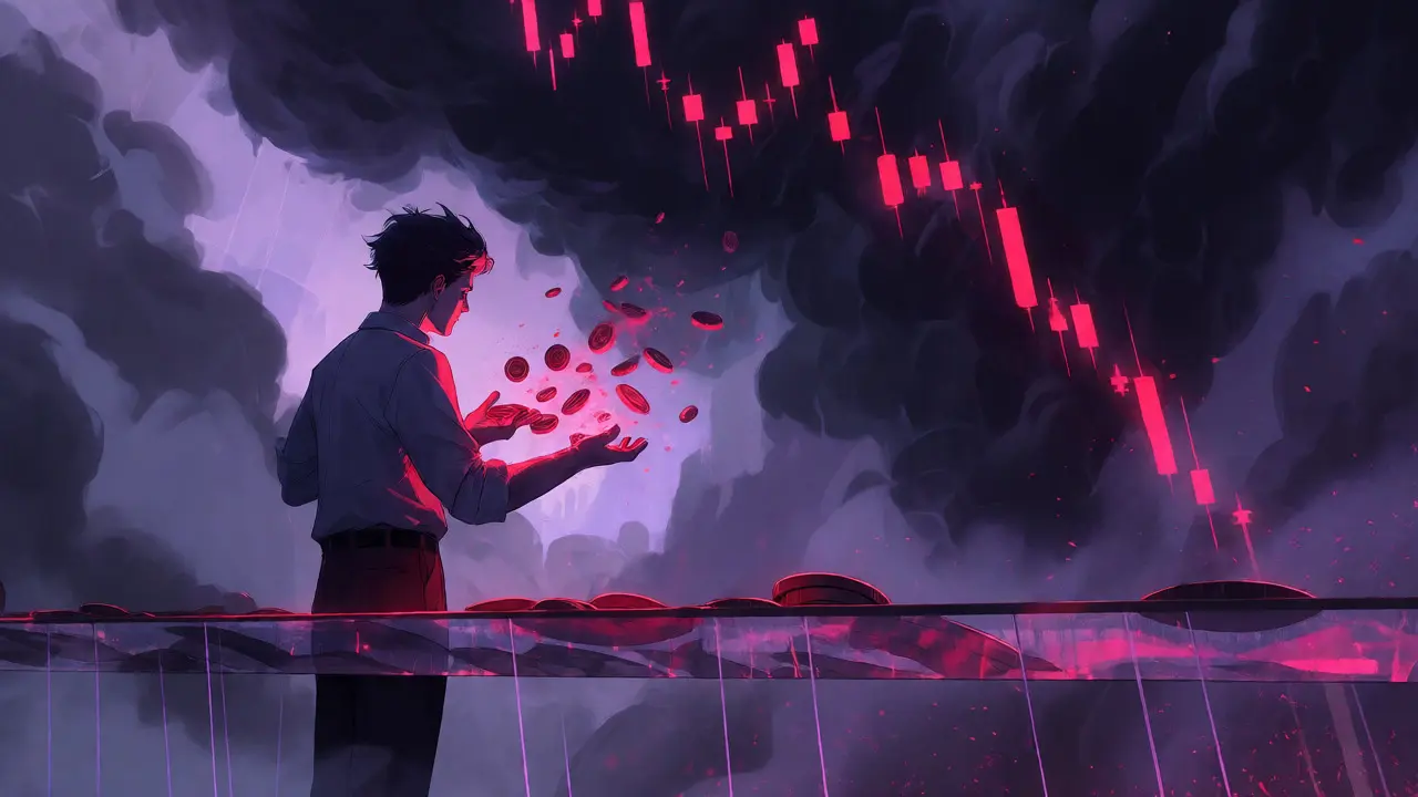 Investor standing on a glass bridge over an abyss as red coins dissolve in a storm