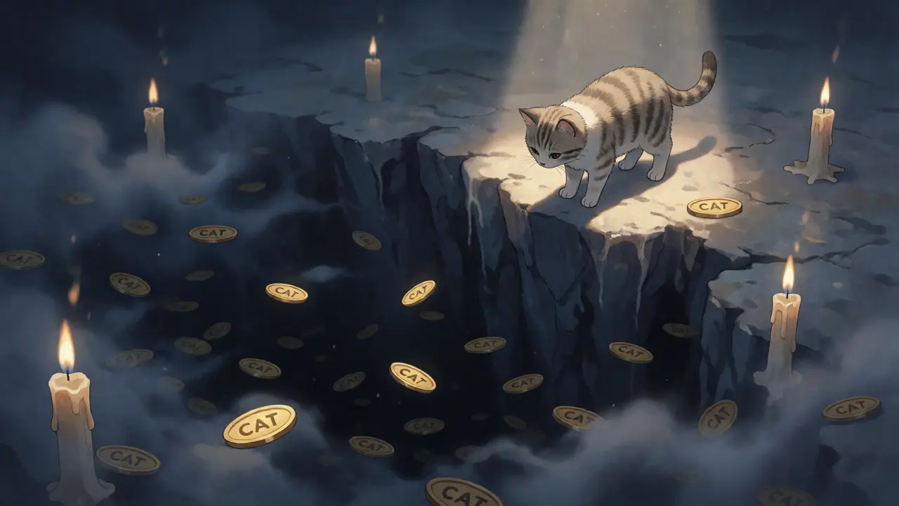 Small anime cat on the edge of a void overlooking fading cryptocurrency tokens.