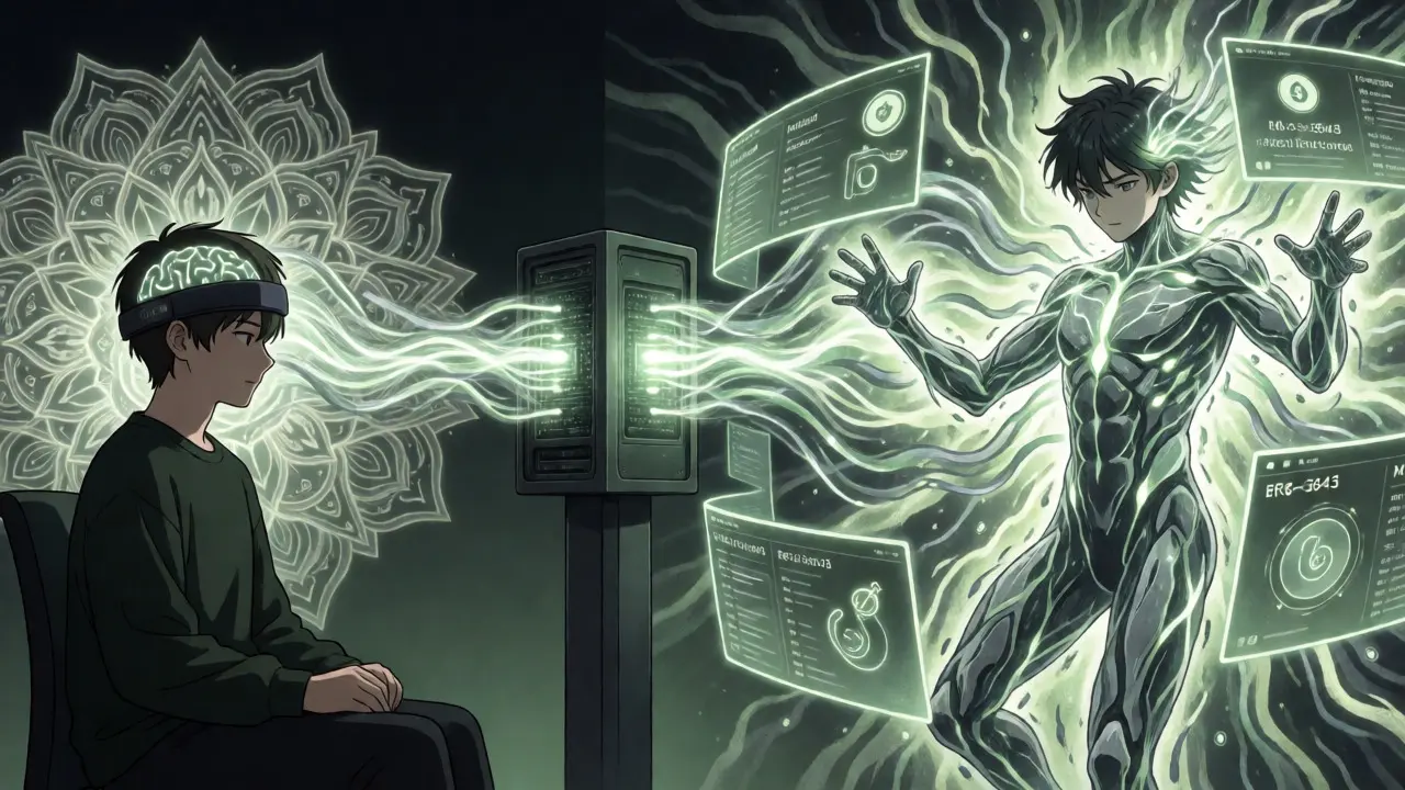 User with EEG headset connected to a glowing AI avatar and smart contract visuals in anime art.