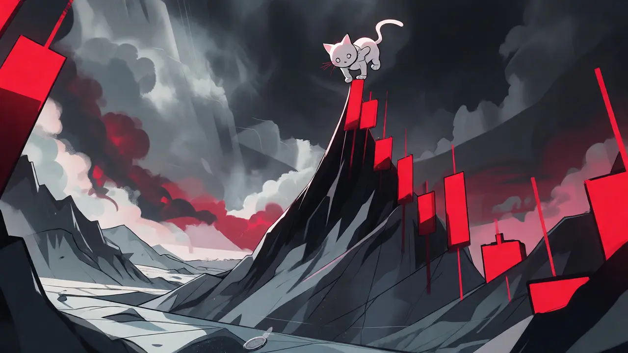 A small white cat balancing on a steep red chart peak amidst a stormy sky, symbolizing volatility.